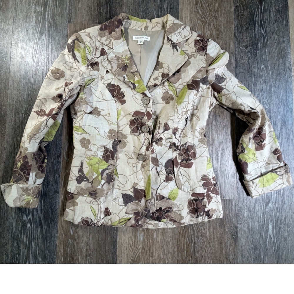Coldwater Creek Blazer Womens 8 Tan Floral Linen Blend Button Up Jacket